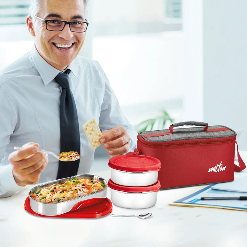 MILTON Steel Champ Lunch Box (2 Round Inner Steel Containers 340ml Each, 1 Oval Container 450ml; Steel Cutleries)