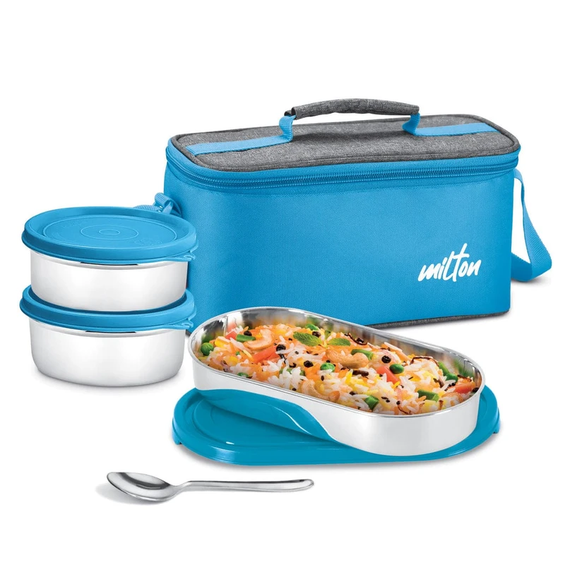 MILTON Steel Champ Lunch Box (2 Round Inner Steel Containers 340ml Each, 1 Oval Container 450ml; Steel Cutleries) - Image 3