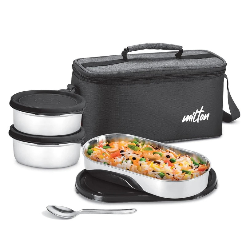 MILTON Steel Champ Lunch Box (2 Round Inner Steel Containers 340ml Each, 1 Oval Container 450ml; Steel Cutleries) - Image 4