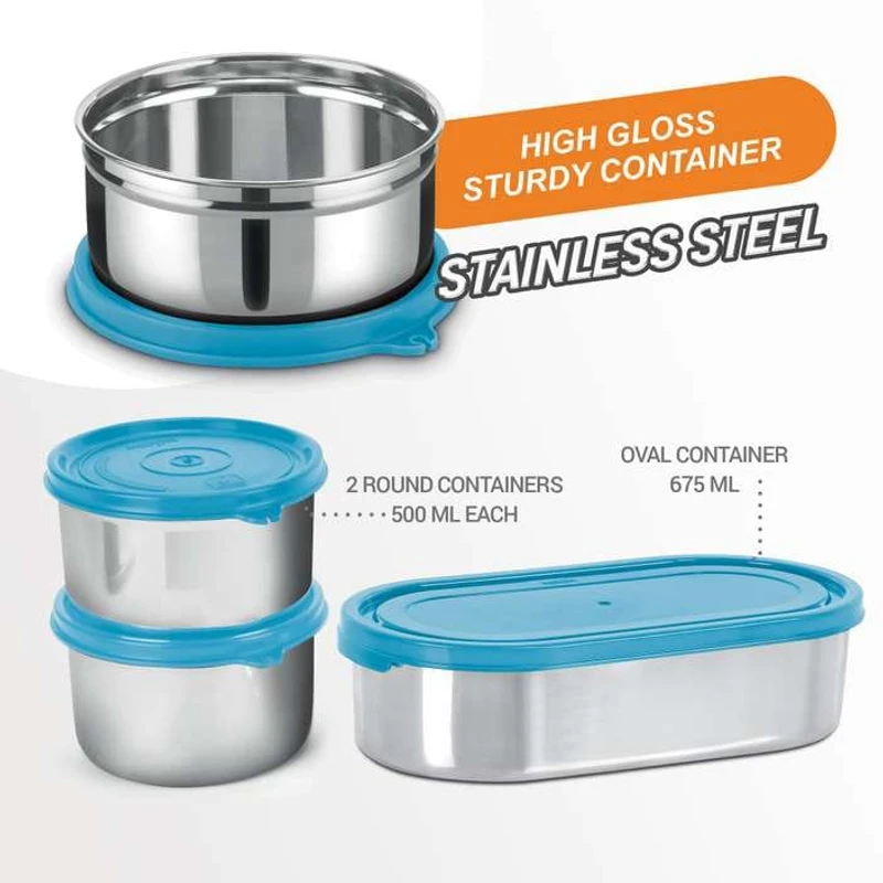 MILTON Steel Champ Lunch Box (2 Round Inner Steel Containers 340ml Each, 1 Oval Container 450ml; Steel Cutleries) - Image 6