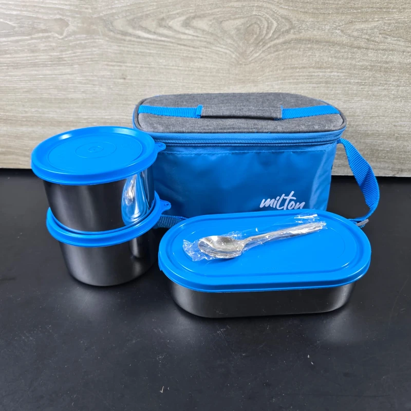 MILTON Steel Champ Lunch Box (2 Round Inner Steel Containers 340ml Each, 1 Oval Container 450ml; Steel Cutleries) - Image 7