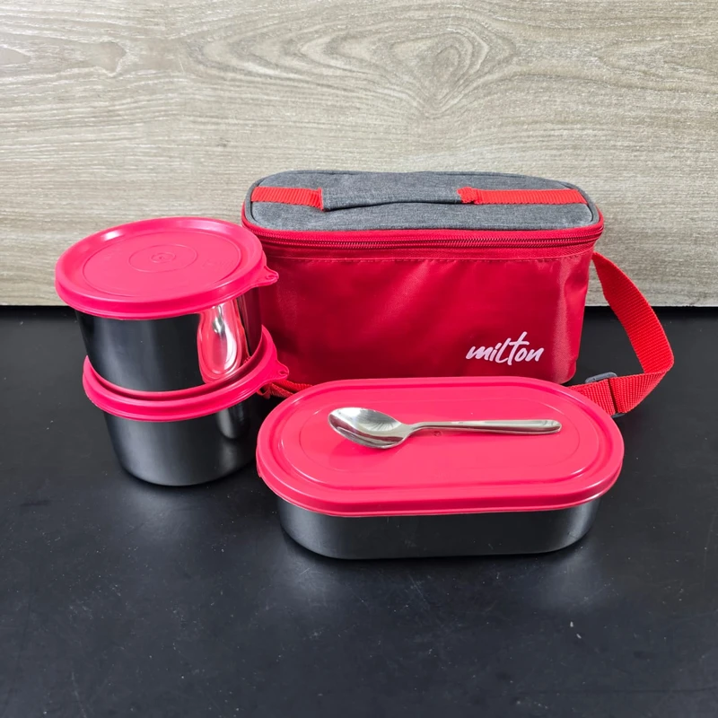 MILTON Steel Champ Lunch Box (2 Round Inner Steel Containers 340ml Each, 1 Oval Container 450ml; Steel Cutleries) - Image 8
