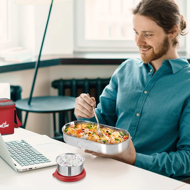MILTON Steel Champ Lunch Box (2 Round Inner Steel Containers 340ml Each, 1 Oval Container 450ml; Steel Cutleries) - Image 9