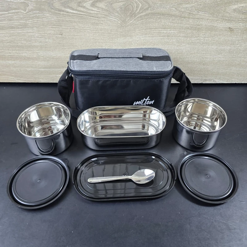MILTON Steel Champ Lunch Box (2 Round Inner Steel Containers 340ml Each, 1 Oval Container 450ml; Steel Cutleries) - Image 10
