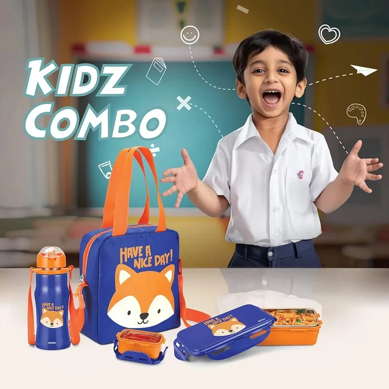 MILTON Kidz Combo Tiffin (2 Inner Steel Containers, 650 ml; 1 Stainless Steel Bottle, 415 ml) with Insulated Fabric Jacket, Dark Blue, Odour Proof, Leak Proof, Easy to Carry, Food Grade