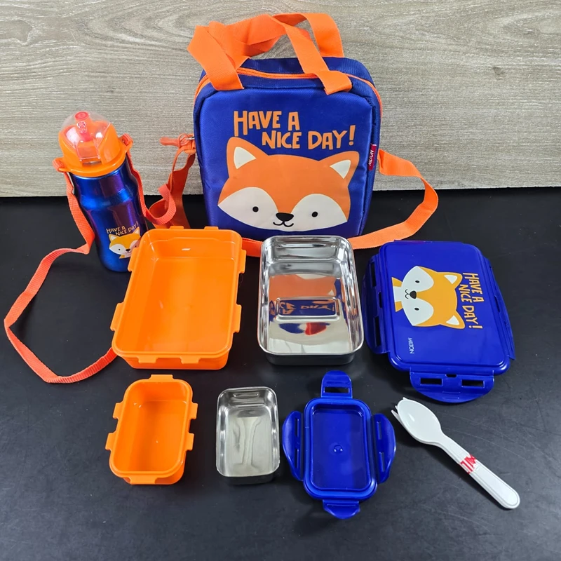 MILTON Kidz Combo Tiffin (2 Inner Steel Containers, 650 ml; 1 Stainless Steel Bottle, 415 ml) with Insulated Fabric Jacket, Dark Blue, Odour Proof, Leak Proof, Easy to Carry, Food Grade - Image 3