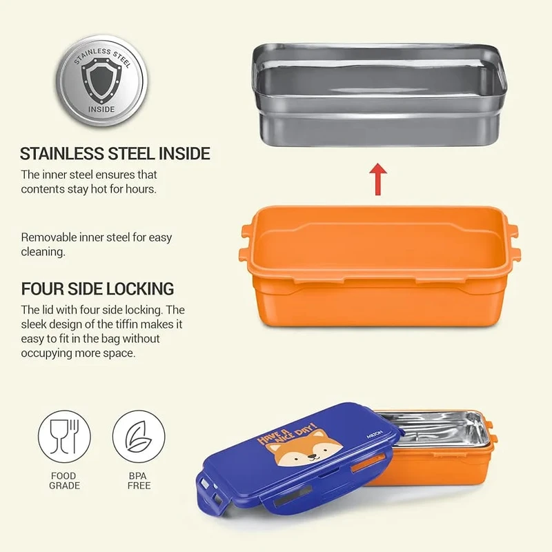 MILTON Kidz Combo Tiffin (2 Inner Steel Containers, 650 ml; 1 Stainless Steel Bottle, 415 ml) with Insulated Fabric Jacket, Dark Blue, Odour Proof, Leak Proof, Easy to Carry, Food Grade - Image 8