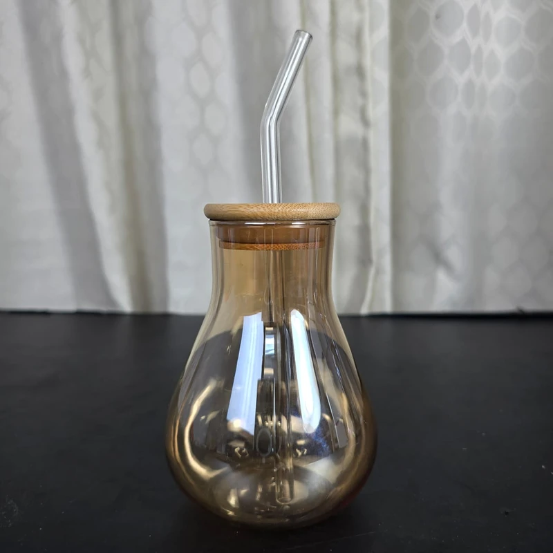 Drinking Glasses with Wooden Lid and Glass Straw, Glass Cup with Handle, Iced Coffee Cup, Glass Water Bottle with Straw, Cute Water Cup, 350 golden