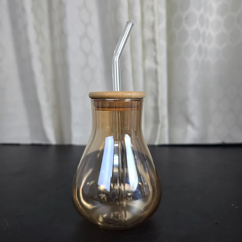 Drinking Glasses with Wooden Lid and Glass Straw, Glass Cup with Handle, Iced Coffee Cup, Glass Water Bottle with Straw, Cute Water Cup, 350 golden - Image 4