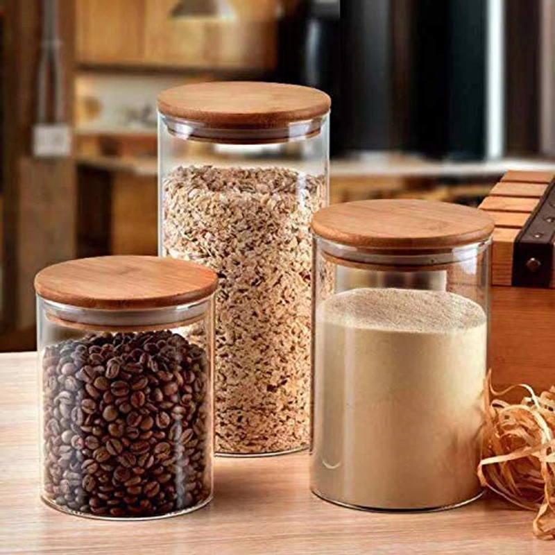 3 Pcs Airtight Glass Cookie Jar bambo lid