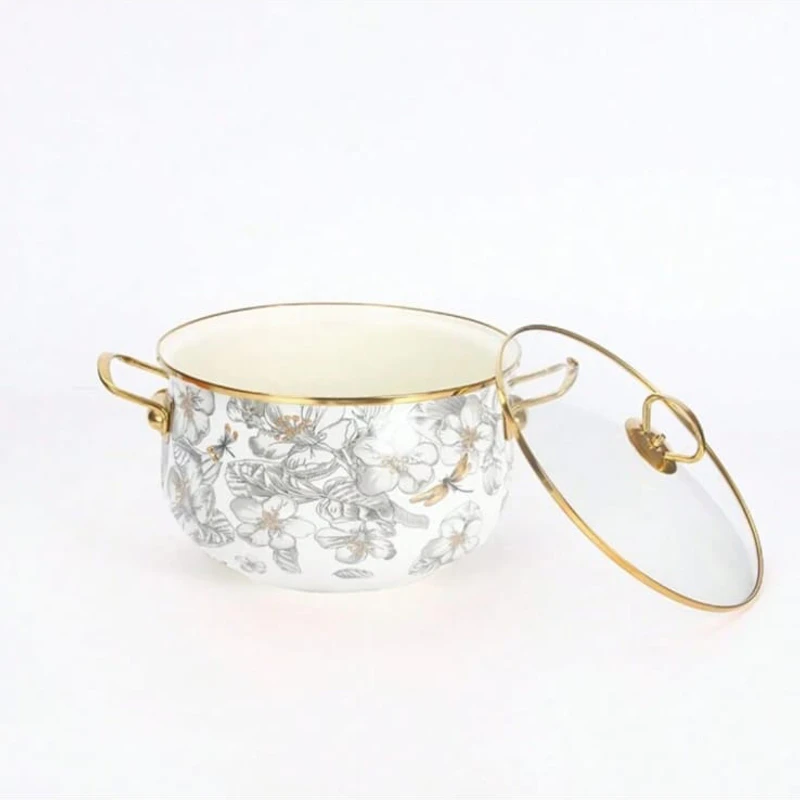 Enamel Soup Pot Retro Flower Bird Binaural Large Capacity Stew Pot with Lid Home Enamel Utensils for Kitchen Delicate Cookware - Image 5
