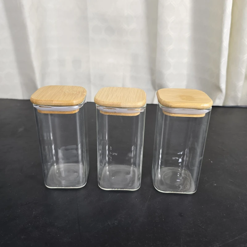 3 Pcs Airtight Glass Cookie Jar bambo lid squwer 350ml-46.45