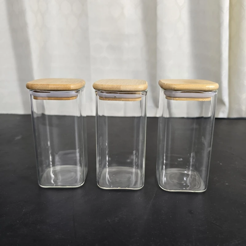 3 Pcs Airtight Glass Cookie Jar bambo lid squwer 350ml-46.45
