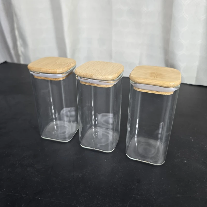3 Pcs Airtight Glass Cookie Jar bambo lid squwer 350ml-46.45 - Image 3