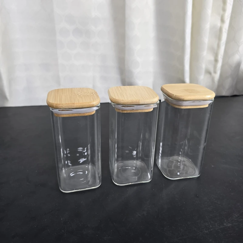 3 Pcs Airtight Glass Cookie Jar bambo lid squwer 350ml-46.45 - Image 4