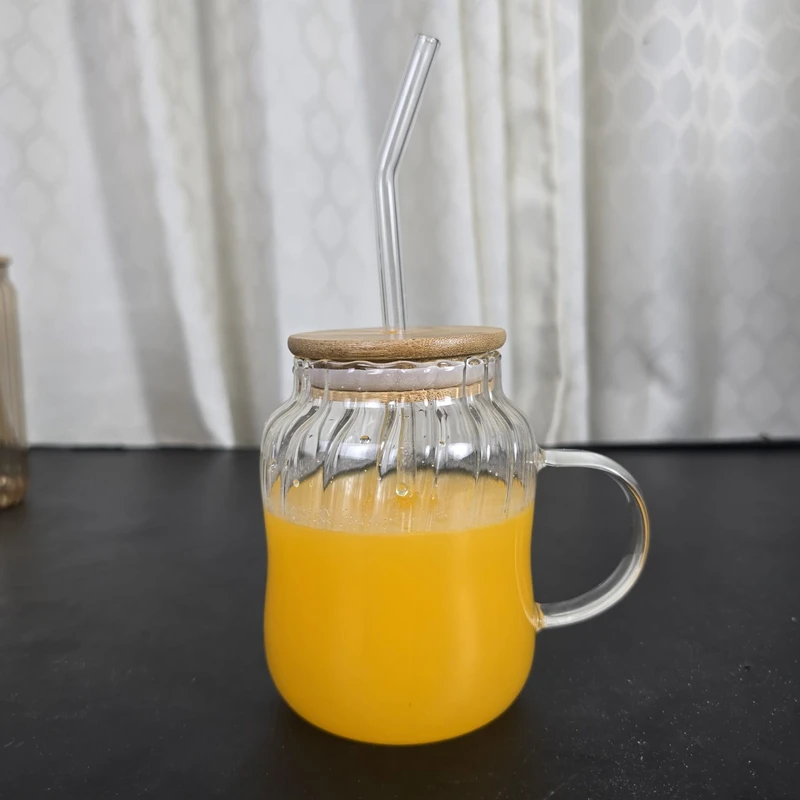 Drinking Glasses with Wooden Lid and Glass Straw, Glass Cup with Handle, Iced Coffee Cup, Glass Water Bottle with Straw, Cute Water Cup, 450ml