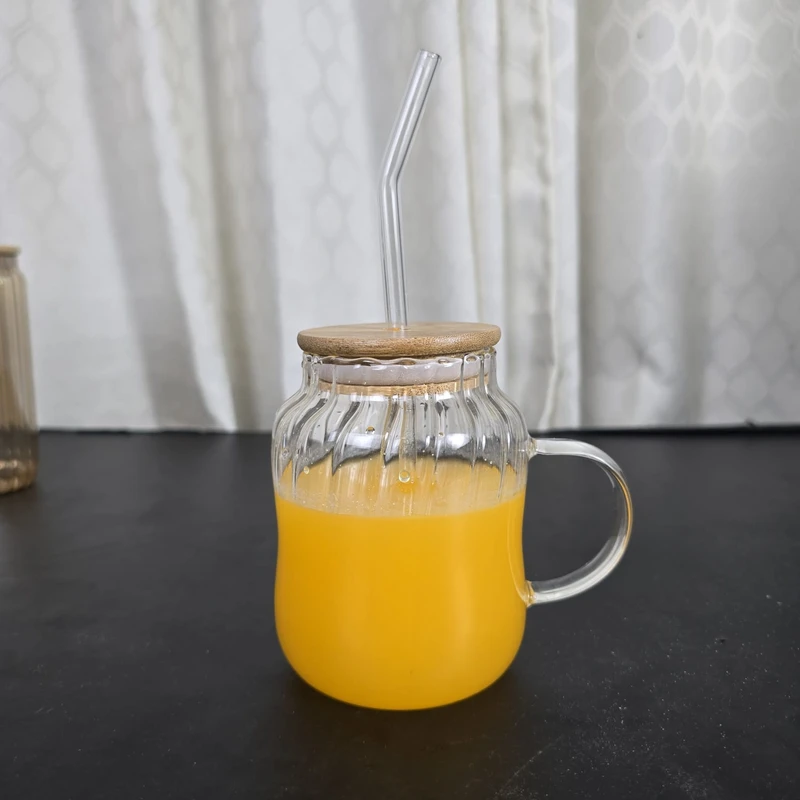Drinking Glasses with Wooden Lid and Glass Straw, Glass Cup with Handle, Iced Coffee Cup, Glass Water Bottle with Straw, Cute Water Cup, 450ml - Image 3