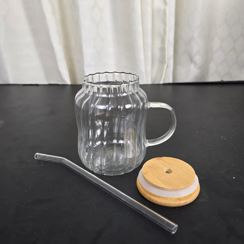 Drinking Glasses with Wooden Lid and Glass Straw, Glass Cup with Handle, Iced Coffee Cup, Glass Water Bottle with Straw, Cute Water Cup, 450ml - Image 4