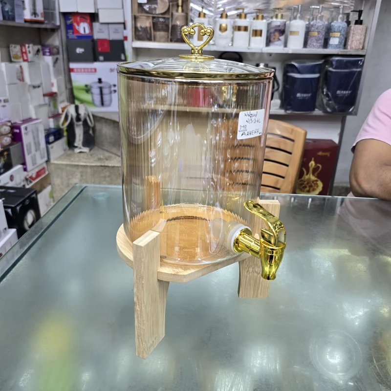 Glass Beverage Dispenser with Faucet and Lid, 3.6Qt. Capacitymodel gloden wooden stan