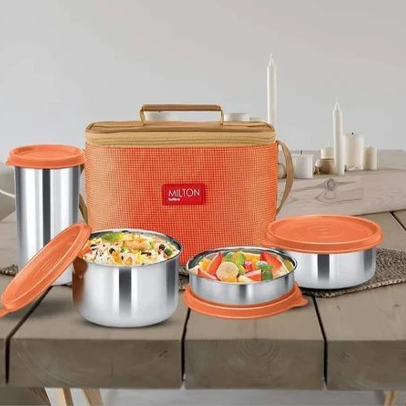 MILTON Delicious Combo Lunch Box Set with Bag, Leak-proof Containers, Insulated Tiffin Box Set of 4 - Orange