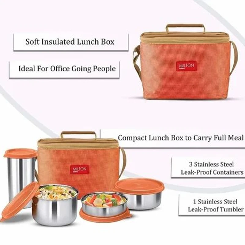 MILTON Delicious Combo Lunch Box Set with Bag, Leak-proof Containers, Insulated Tiffin Box Set of 4 - Orange - Image 5