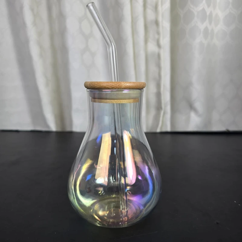 Drinking Glasses with Wooden Lid and Glass Straw, Glass Cup with Handle, Iced Coffee Cup, Glass Water Bottle with Straw, Cute Water Cup, 350ml rainbo