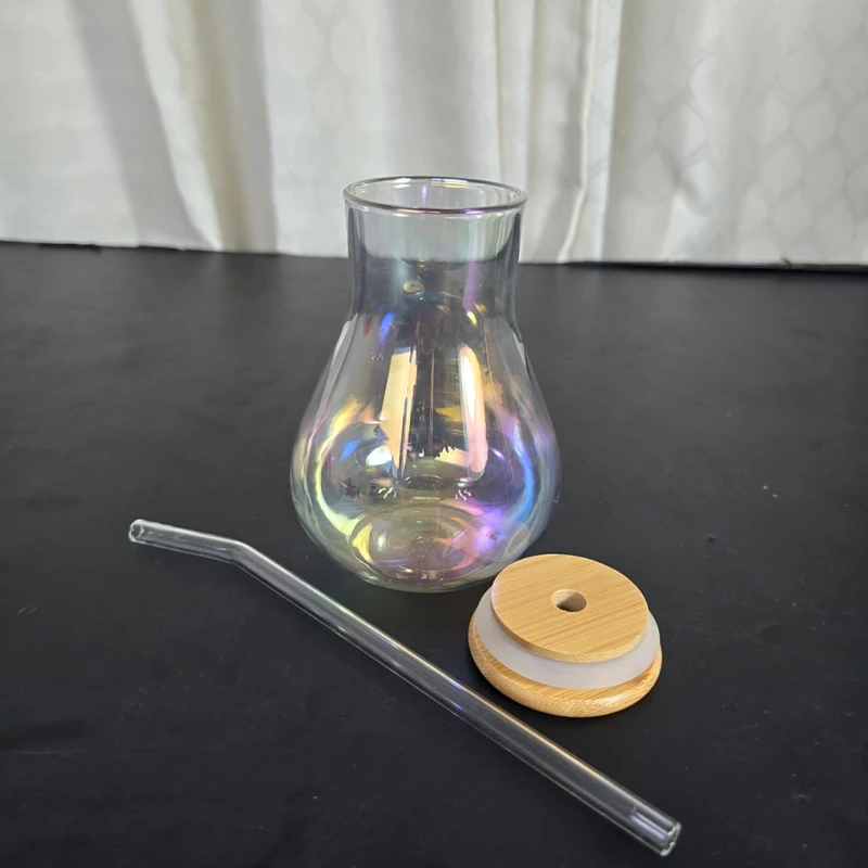 Drinking Glasses with Wooden Lid and Glass Straw, Glass Cup with Handle, Iced Coffee Cup, Glass Water Bottle with Straw, Cute Water Cup, 350ml rainbo