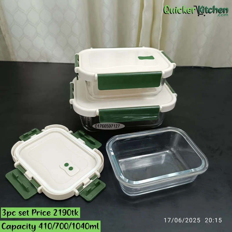 Airtight Food Storage Bati Set – 3 Pieces White green