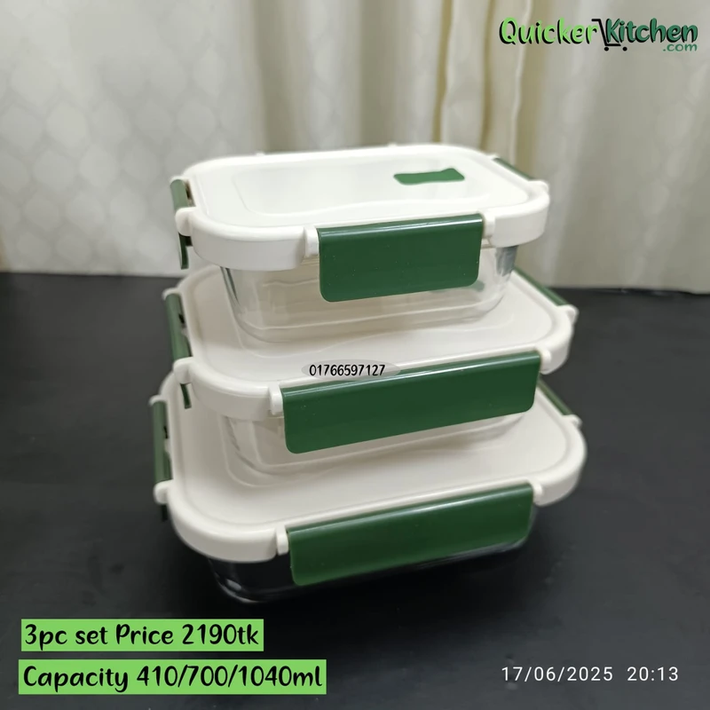 Airtight Food Storage Bati Set – 3 Pieces White green
