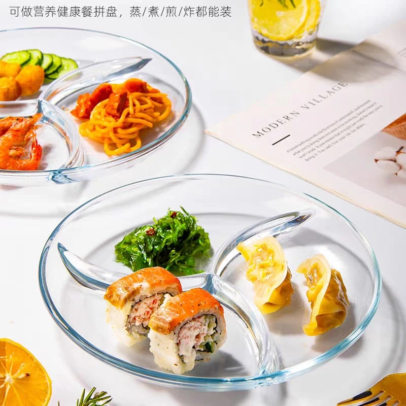 1pc Divided Food Plate - Glass Dinnerware Smooth for Easy Cleaning for Serving Snacks Fruit and Steak Transparent Design Safe for Daily Use Round