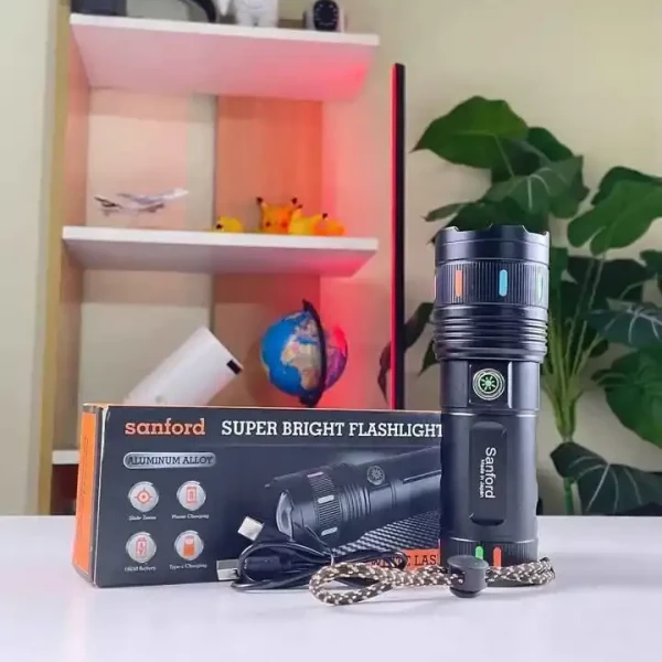 Sanford Super Bright Flashlight – White Laser LED | Made in Japan | 18650mAh Rechargeable Type-C Torch Light with Charging Display