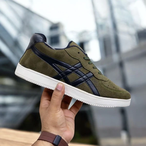 Olive Suede Leather Sneakers For Man