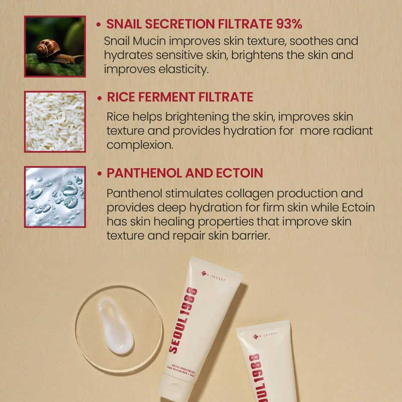K-SECRET SEOUL 1988 Cream : Snail Mucin 93% + Rice (100ml) - Image 5