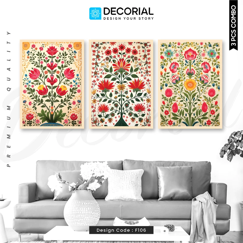 Indian Folk Art flower Wall Frame 3 Piece Combo - F106