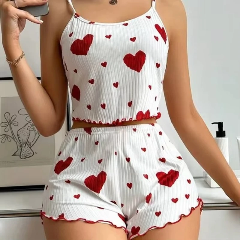 2PCS Satin Love Print Pajama Set – Soft Tank Top & Shorts