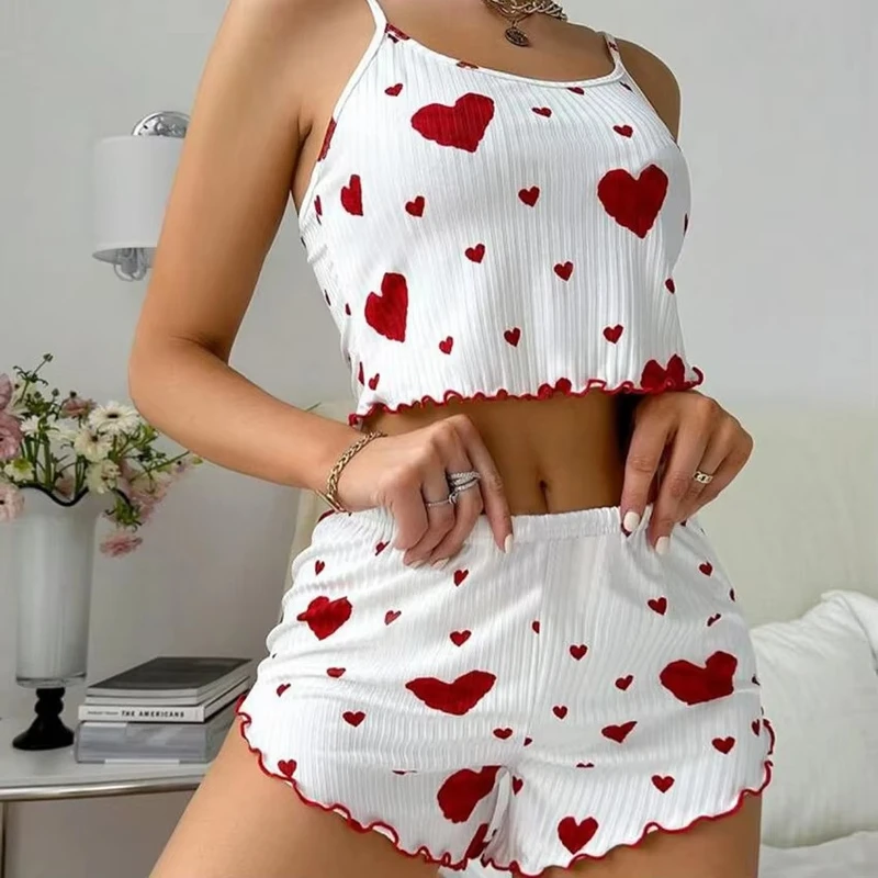 2PCS Satin Love Print Pajama Set – Soft Tank Top & Shorts