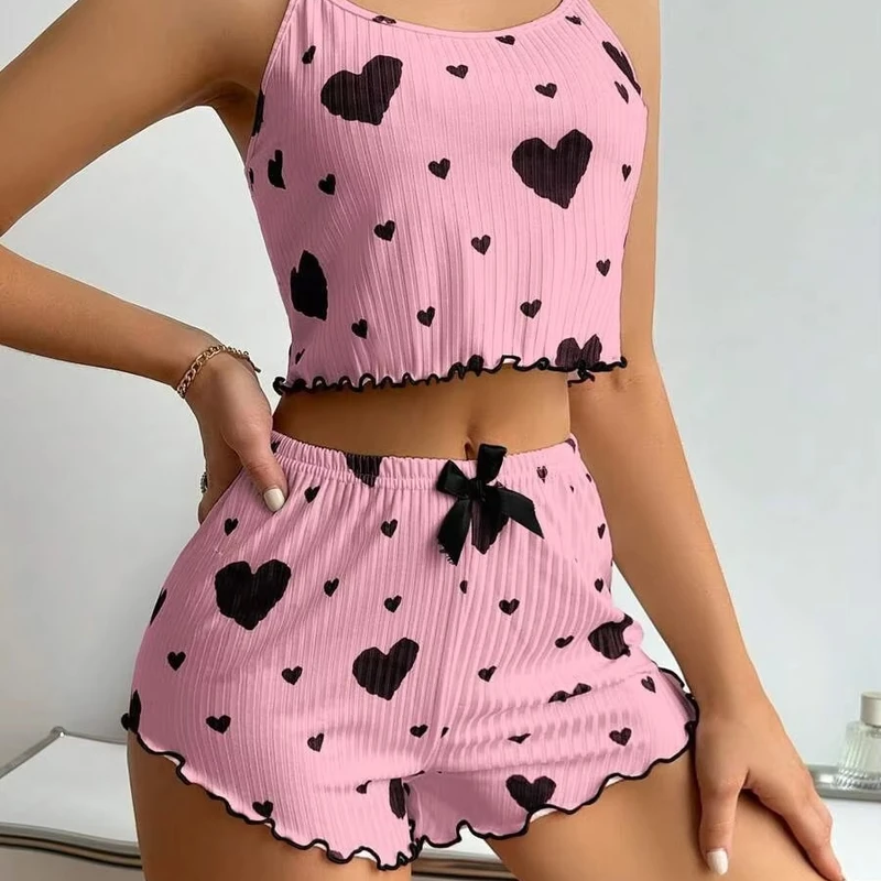 2PCS Satin Love Print Pajama Set – Soft Tank Top & Shorts - Image 3