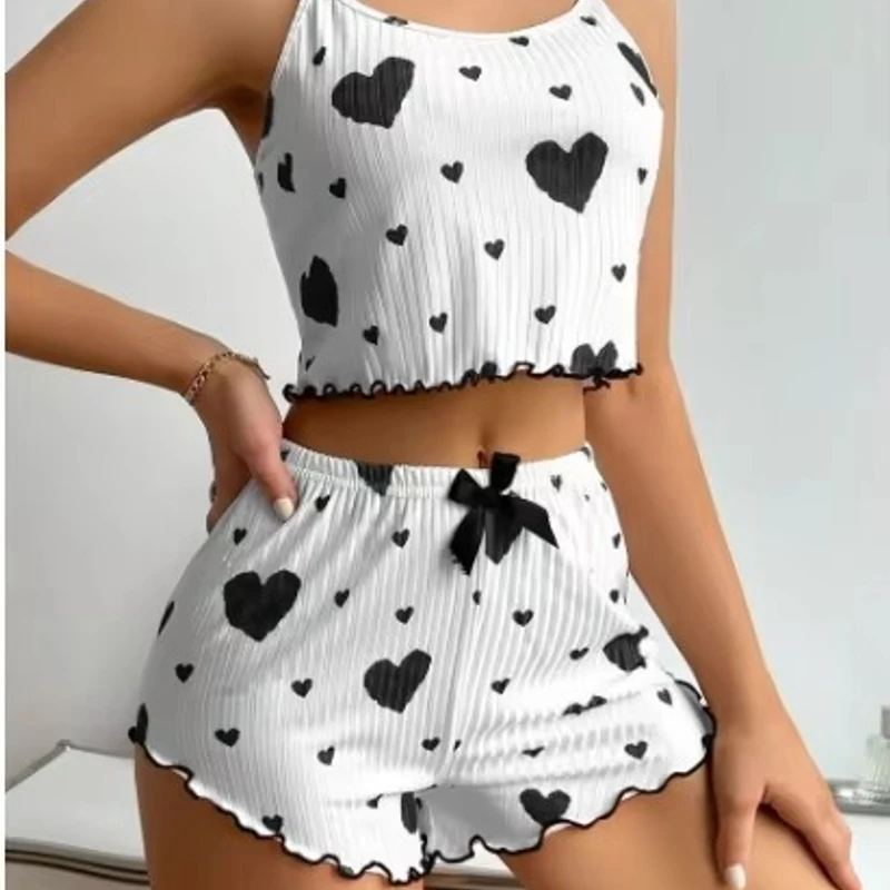 2PCS Satin Love Print Pajama Set – Soft Tank Top & Shorts - Image 4