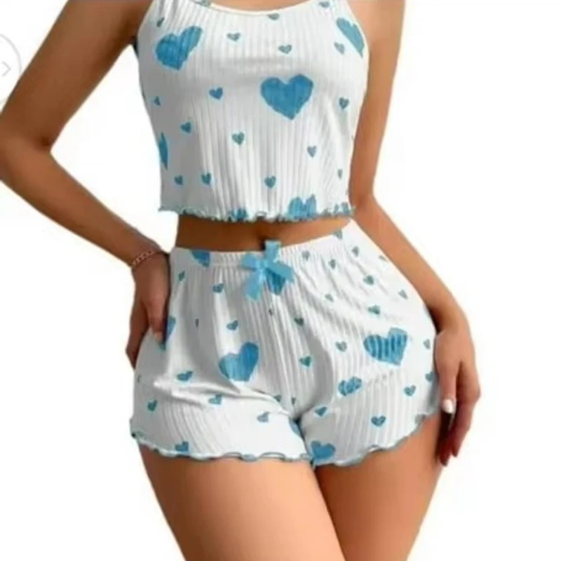 2PCS Satin Love Print Pajama Set – Soft Tank Top & Shorts - Image 5