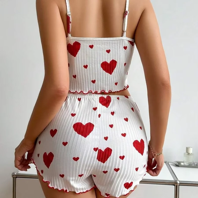2PCS Satin Love Print Pajama Set – Soft Tank Top & Shorts - Image 6