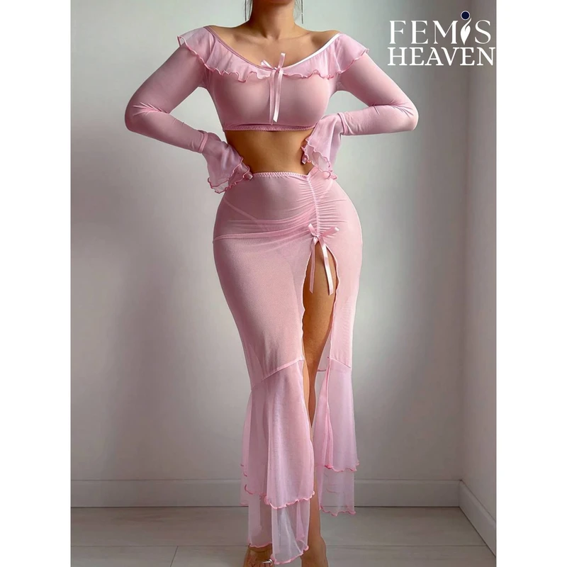 3 Piece Sexy Pajamas with Transparent Pleated Camisole, See Through Sexy Long Skirt