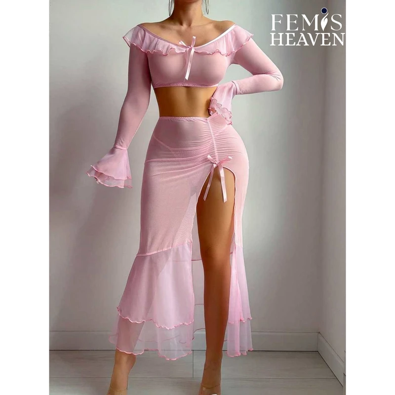 3 Piece Sexy Pajamas with Transparent Pleated Camisole, See Through Sexy Long Skirt