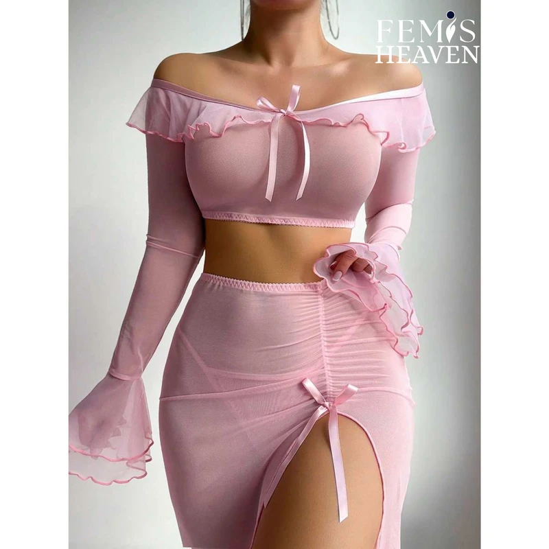 3 Piece Sexy Pajamas with Transparent Pleated Camisole, See Through Sexy Long Skirt - Image 5