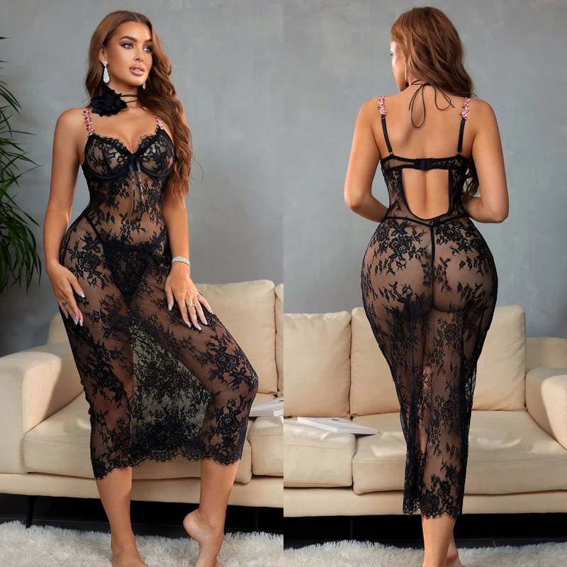 Strap with Flower Sheer Lace Night Gown Women Sexy Transparent Lingerie with Thong