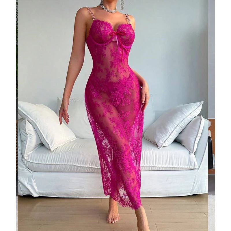Strap with Flower Sheer Lace Night Gown Women Sexy Transparent Lingerie with Thong - Image 6
