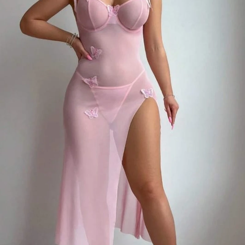 Sexy Butterfly Split Leg Underwire Lingerie Sheer Mesh Long Dress with Thong 2 Piece