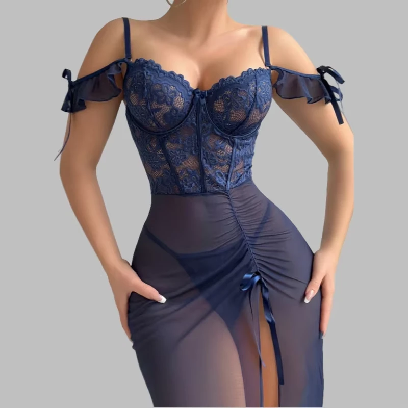 Intimates Set One-Line Collar Suspender Mesh See-Through Nightgown Lace Decoration