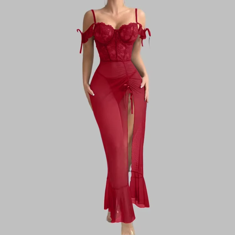 Intimates Set One-Line Collar Suspender Mesh See-Through Nightgown Lace Decoration