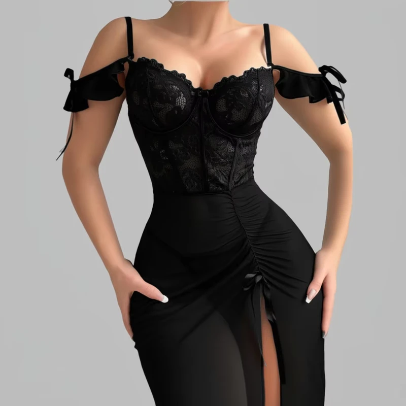 Intimates Set One-Line Collar Suspender Mesh See-Through Nightgown Lace Decoration - Image 5
