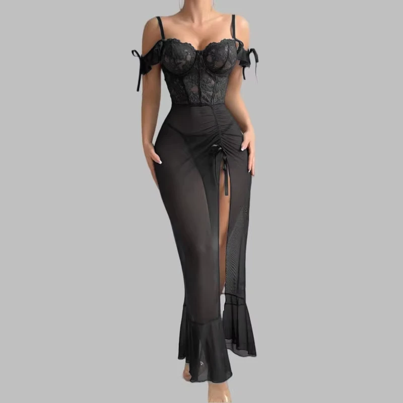Intimates Set One-Line Collar Suspender Mesh See-Through Nightgown Lace Decoration